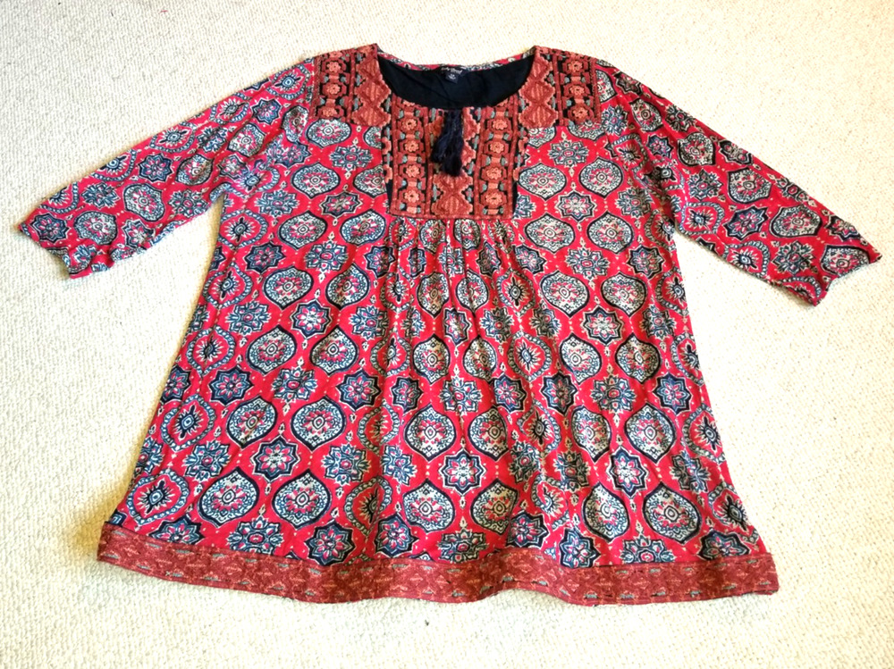 Womens Top-LUCKY BRAND-red/navy/beige patterned linen embroidered tunic BOHO-1X